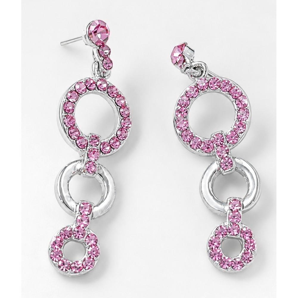 Pink Rhinestone Circle Dangle Drop  Silver Tone Pierced Earrings 2.25" E-TN15